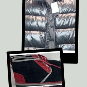 Jordan Designer Metallic Silver Puffy Jacket with UGG Black And Red Ankle Boots